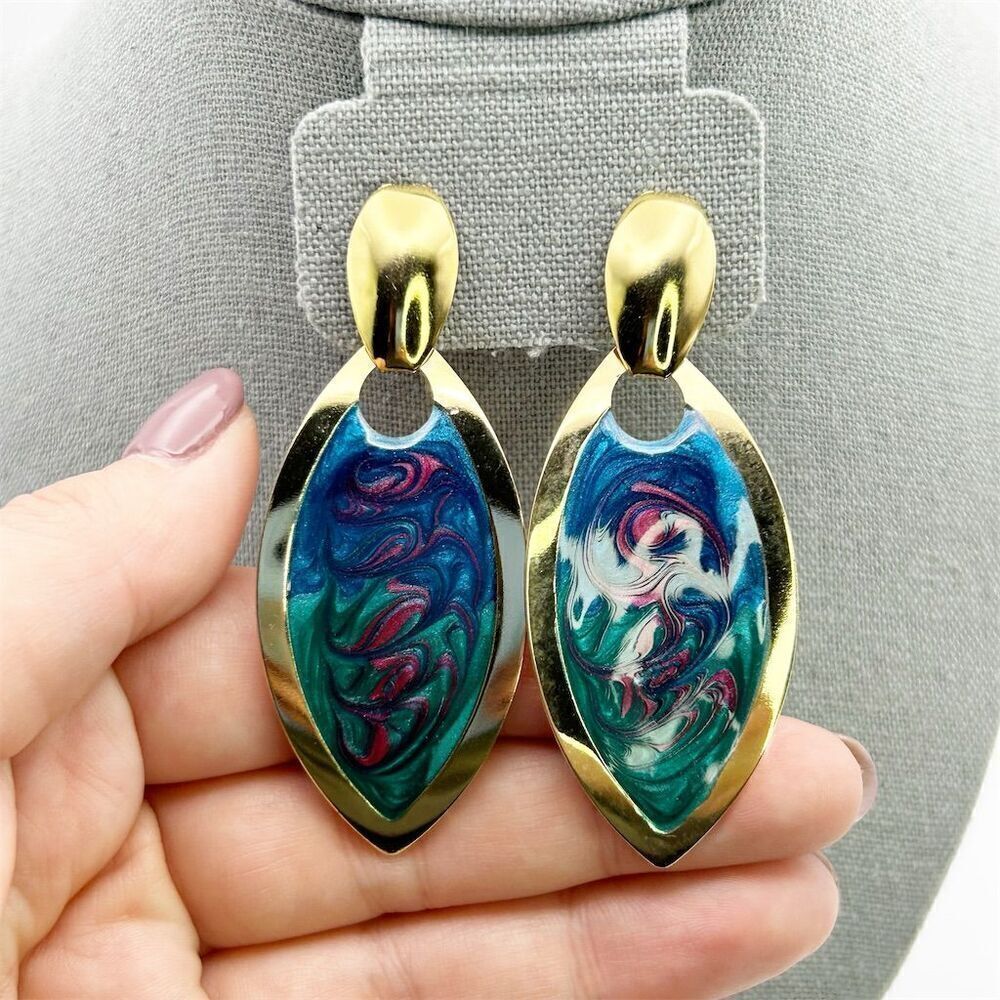 Vintage Gold Tone Pierced Dangle Blue and Purple Swirl Teardrop Earrings